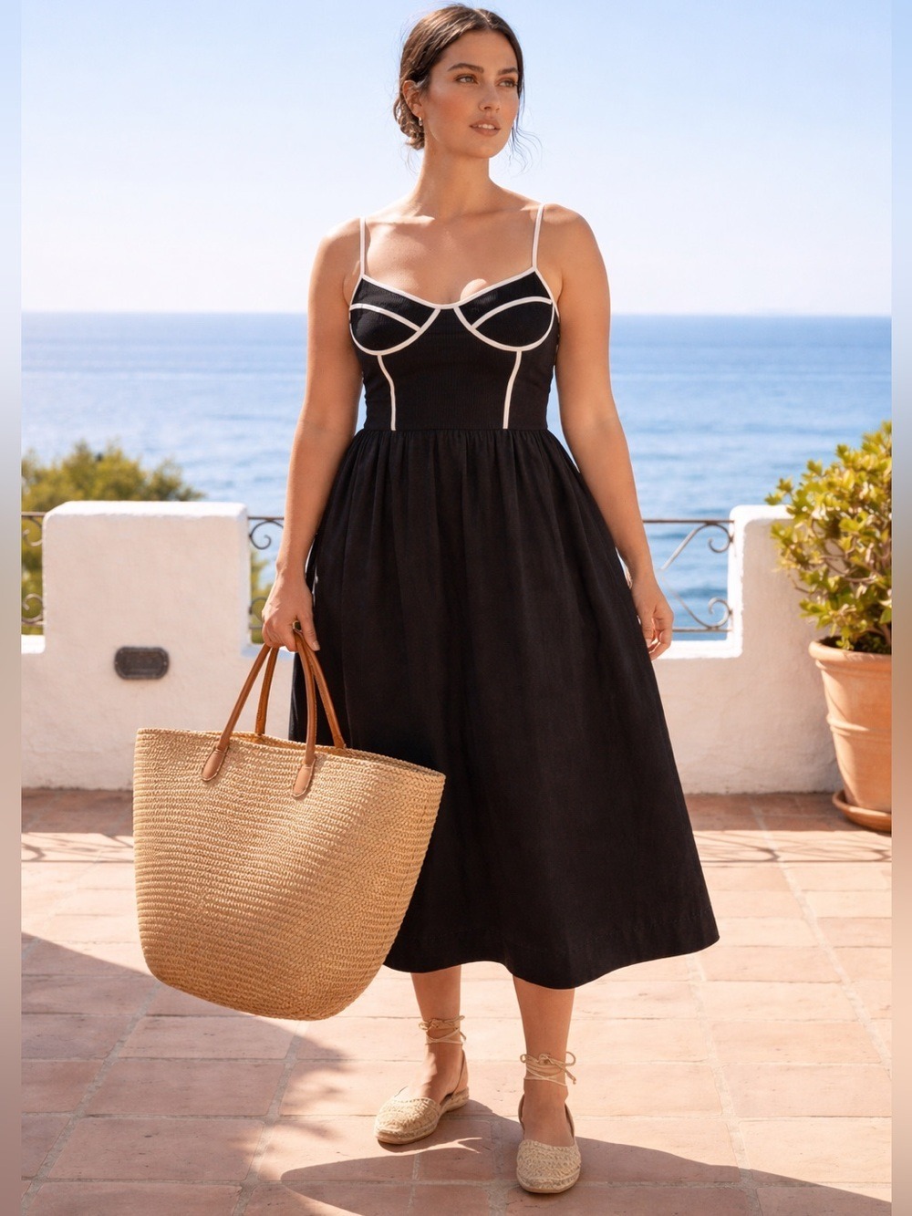 Blue Tassel Anthropologie Black White Contrast Trim Corset Bodice Midi Dress L